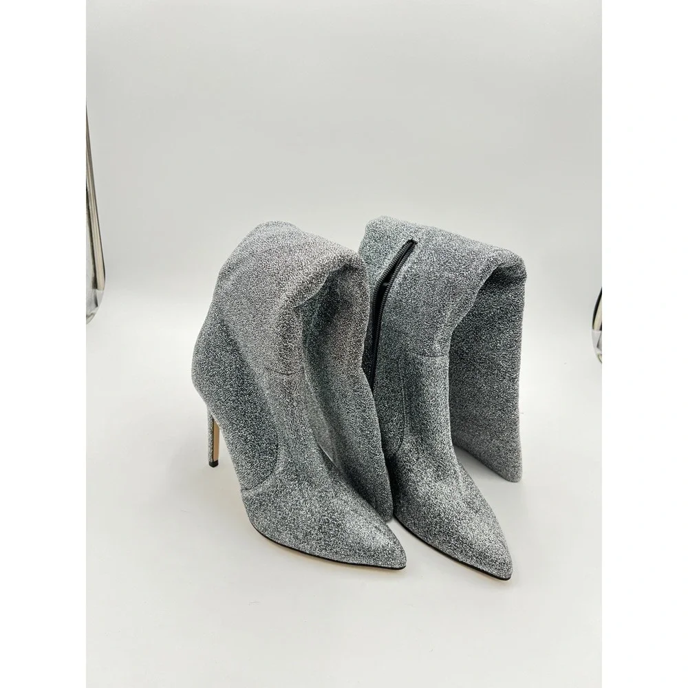 Mark Fisher Silver Glitter Over Knee Sock Boots Pointed Toe Stiletto Women's